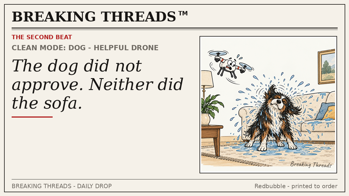 Bonus panel: cheerful drone hosing down a soaked dog; headline "The dog did not approve. Neither did the sofa."