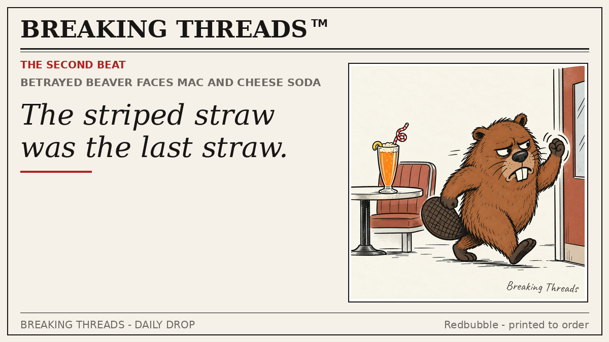 Bonus panel: dejected beaver beside a mac-and-cheese soda with a striped straw; headline "The striped straw was the last straw."
