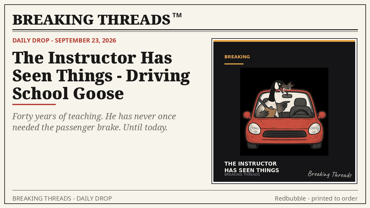 Weary goose driving instructor with a clipboard riding shotgun in a small red car.