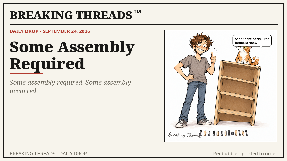 Three-panel cartoon: a man tosses the furniture manual aside, builds the shelf wrong, then proudly presents the crooked result with a neat row of leftover screws.