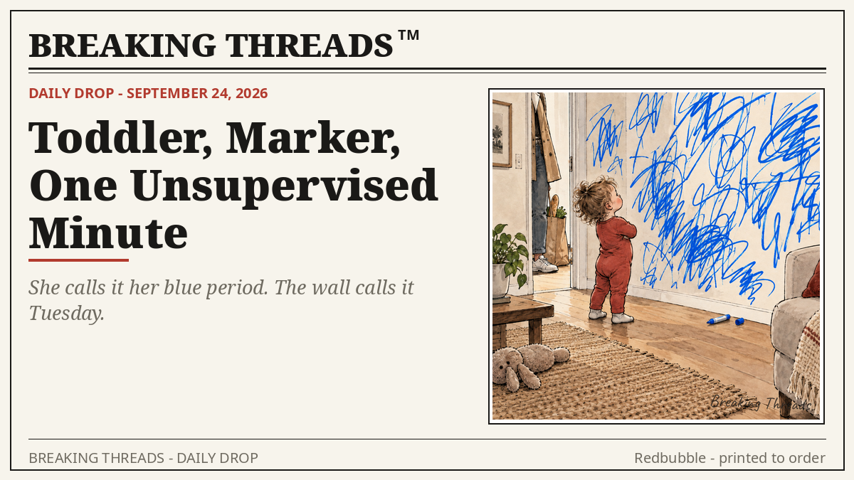 Small toddler in red overalls standing back like a gallery artist, admiring a living room wall covered floor-to-ceiling in BLUE marker scribbles, a blue marker and cap on the floor; a parent's frozen legs and dropped bag in the doorway.