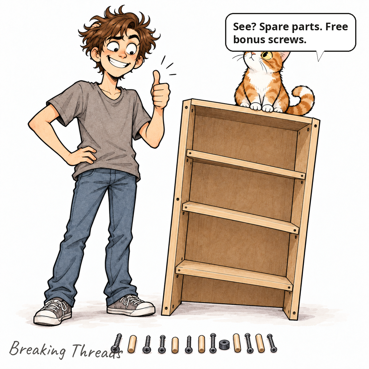 Panel 3: the man proudly thumbs-up beside the finished crooked shelf, a neat row of leftover screws on the floor; the cat sits on top.
